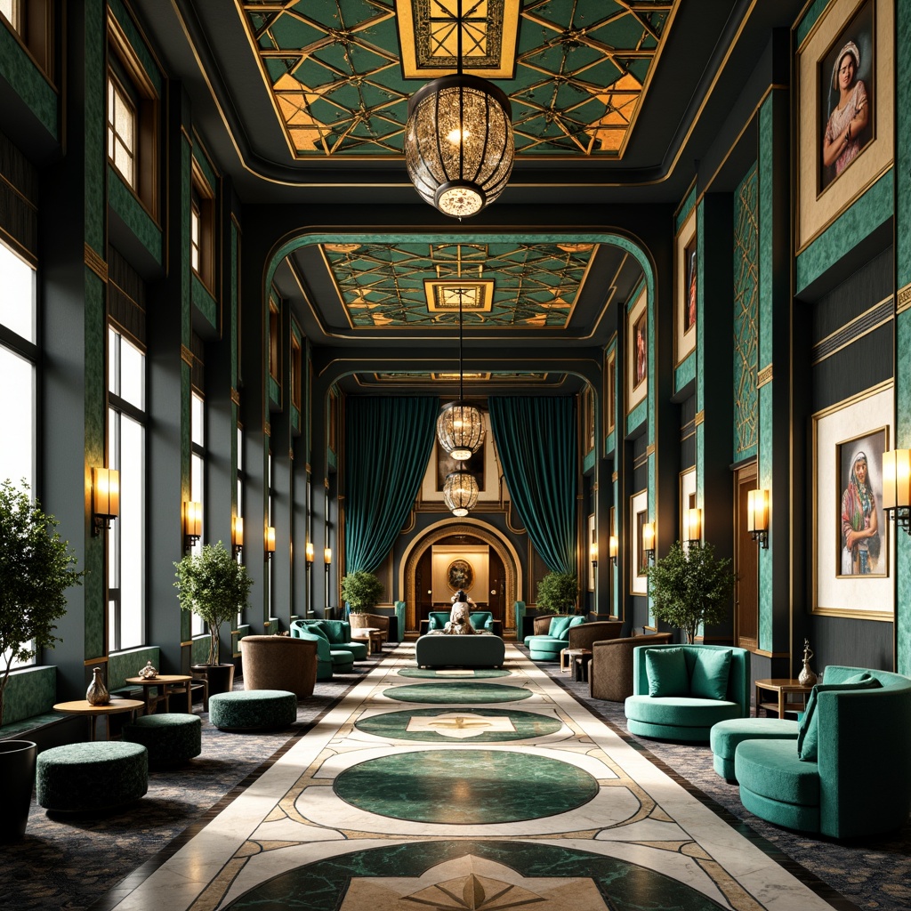 Prompt: Luxurious Art Deco interior, opulent geometric patterns, metallic accents, rich jewel-toned colors, lavish textiles, velvety smooth fabrics, ornate furnishings, glamorous lighting fixtures, sophisticated marble floors, intricate inlays, bold black outlines, vibrant turquoise hues, warm golden tones, luxurious cream shades, subtle silver highlights, dramatic high contrast, cinematic chiaroscuro, 1/1 composition, shallow depth of field, realistic reflections.