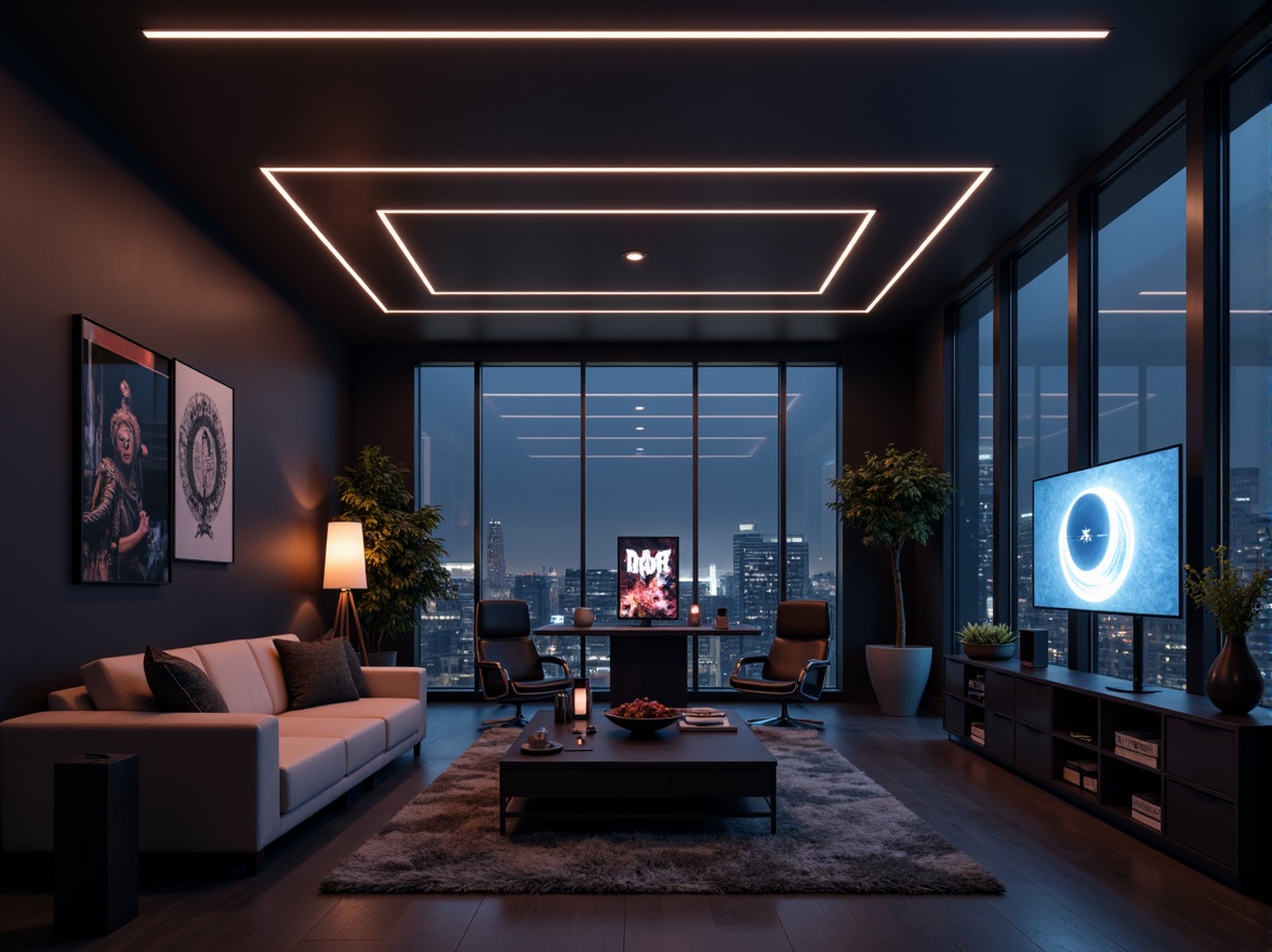 Prompt: Minimalist game room, soft warm glow, subtle LED strips, ambient Occlusion, indirect lighting, simple furniture, low-poly decorations, clean lines, monochromatic color scheme, dark accents, futuristic vibe, neon-lit gaming stations, floor-to-ceiling windows, urban cityscape views, night-time atmosphere, shallow depth of field, 1/1 composition, realistic textures, cinematic mood.