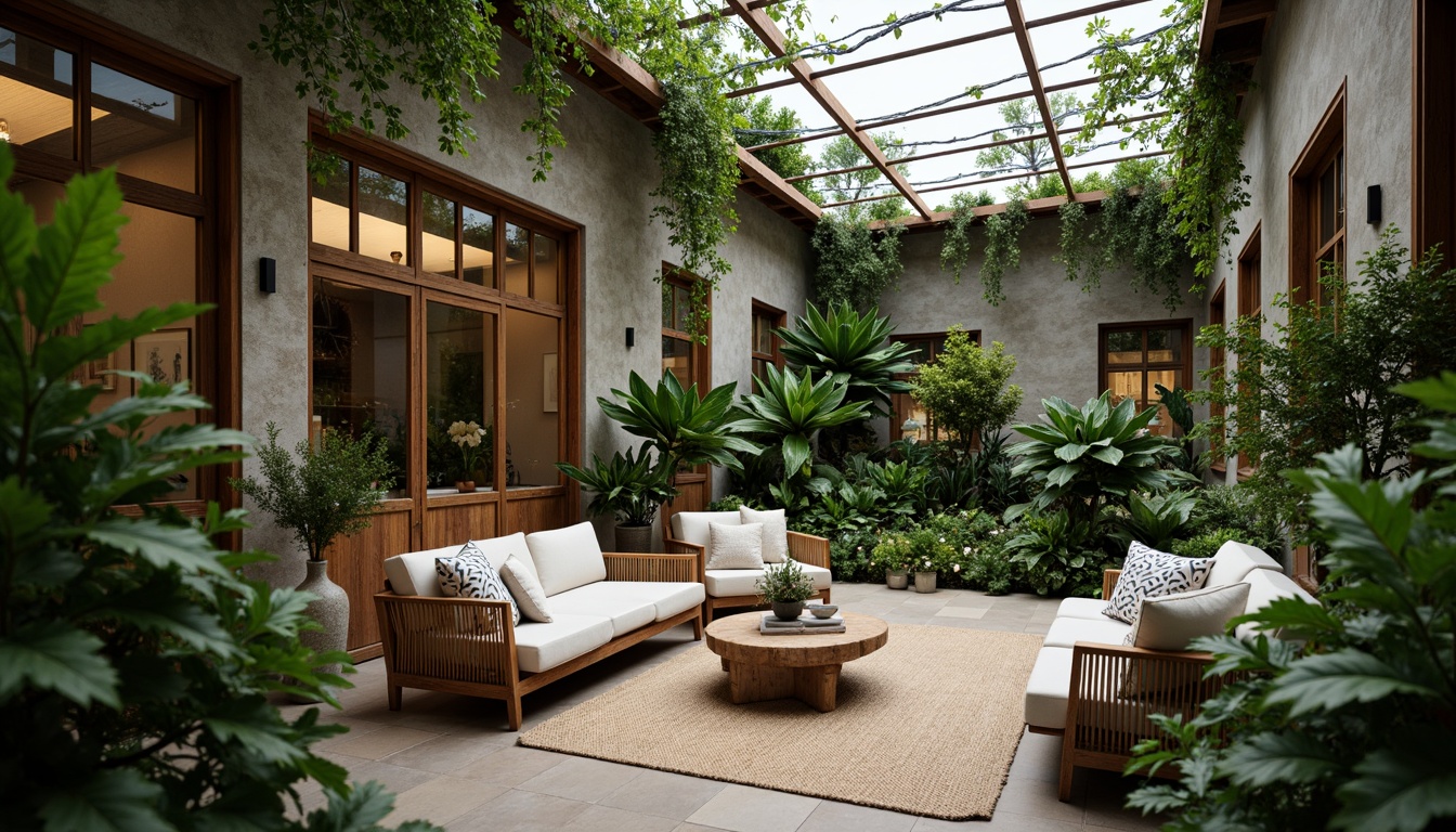 Prompt: Lush greenery, exotic plants, natural stone walls, wooden beams, rustic metal frames, glass roofs, clerestory windows, soft diffused light, warm ambient glow, cozy reading nooks, comfortable wicker furniture, earthy tone colors, woven textiles, botanical prints, minimalist decor, Scandinavian-inspired accents, simple elegance, 1/1 composition, shallow depth of field, realistic foliage, subtle misting effect.