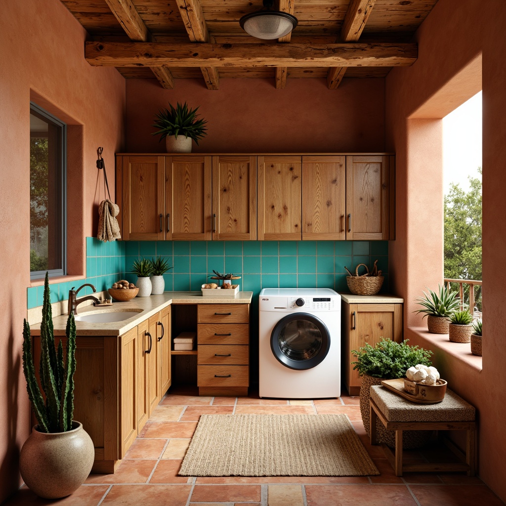 Prompt: Southwestern-style laundry room, warm earthy tones, Saltillo tile flooring, terracotta accents, natural stone walls, wooden cabinetry, woven textiles, vibrant turquoise hues, rustic metal fixtures, ambient soft lighting, shallow depth of field, 1/1 composition, realistic textures, warm beige countertops, desert-inspired botanicals, cacti plants, woven baskets, earthy ceramics.