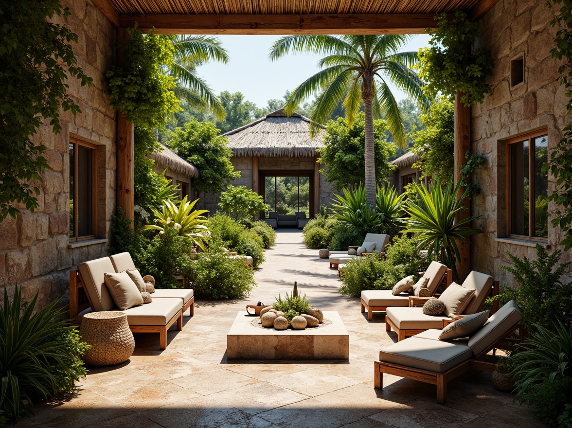 Prompt: Vibrant tropical island, lush greenery, exotic flowers, rugged stone walls, wooden accents, thatched roofs, woven bamboo furniture, natural fiber textiles, distressed wood finishes, earthy color palette, warm sunny day, soft diffused lighting, shallow depth of field, 1/1 composition, intimate view, realistic textures, ambient occlusion.