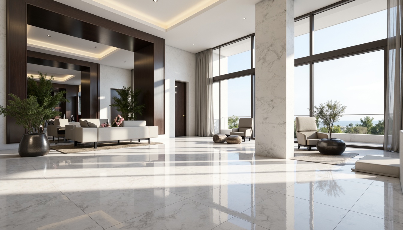 Prompt: Polished marble floors, sleek metallic accents, minimalist design, monochromatic color scheme, high-gloss finish, geometric patterns, streamlined shapes, modernist architecture, open-plan living spaces, floor-to-ceiling windows, abundance of natural light, subtle gradient effects, 3D textured visuals, shallow depth of field, panoramic view, realistic reflections, ambient occlusion.