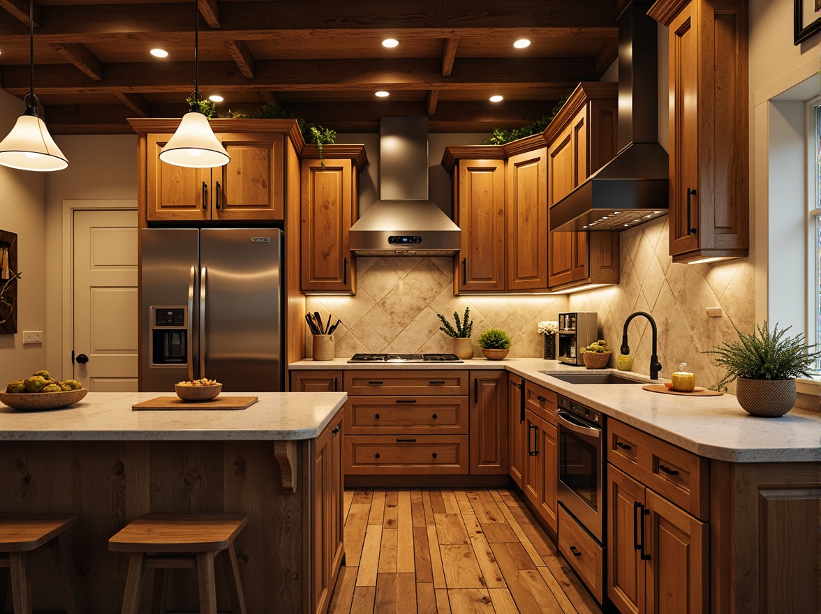 Prompt: Warm earthy tones, wooden cabinetry, natural stone countertops, rustic metal hardware, distressed finishes, vintage appliances, warm beige walls, soft cream accents, rich walnut flooring, cozy ambient lighting, warm golden lighting, shallow depth of field, 2/3 composition, inviting atmosphere, realistic textures, ambient occlusion.