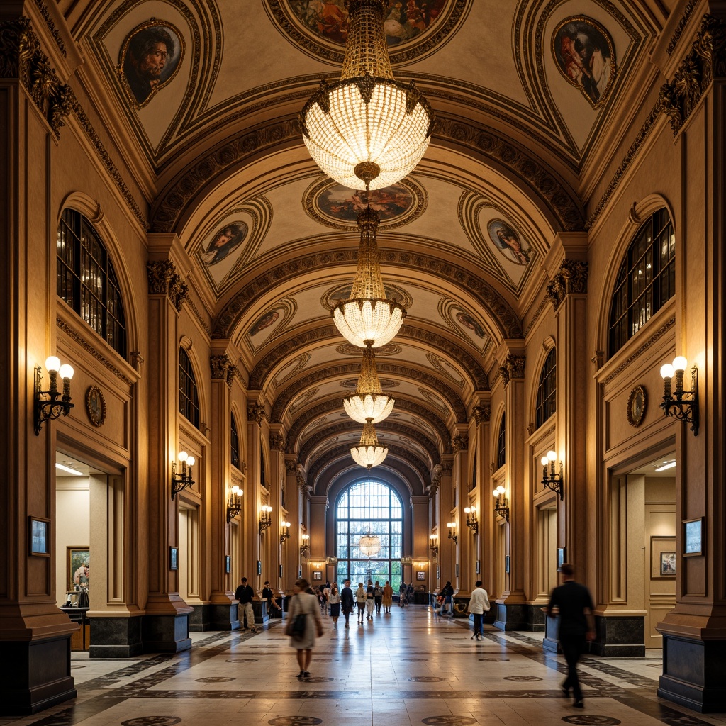 Prompt: Intricate ornate details, Rococo style architecture, grandiose metro stations, lavish decorations, gilded moldings, delicate filigree, ornamental ironwork, crystal chandeliers, marble floors, sweeping archways, intricate frescoes, soft warm lighting, shallow depth of field, 1/1 composition, symmetrical view, realistic textures, ambient occlusion.