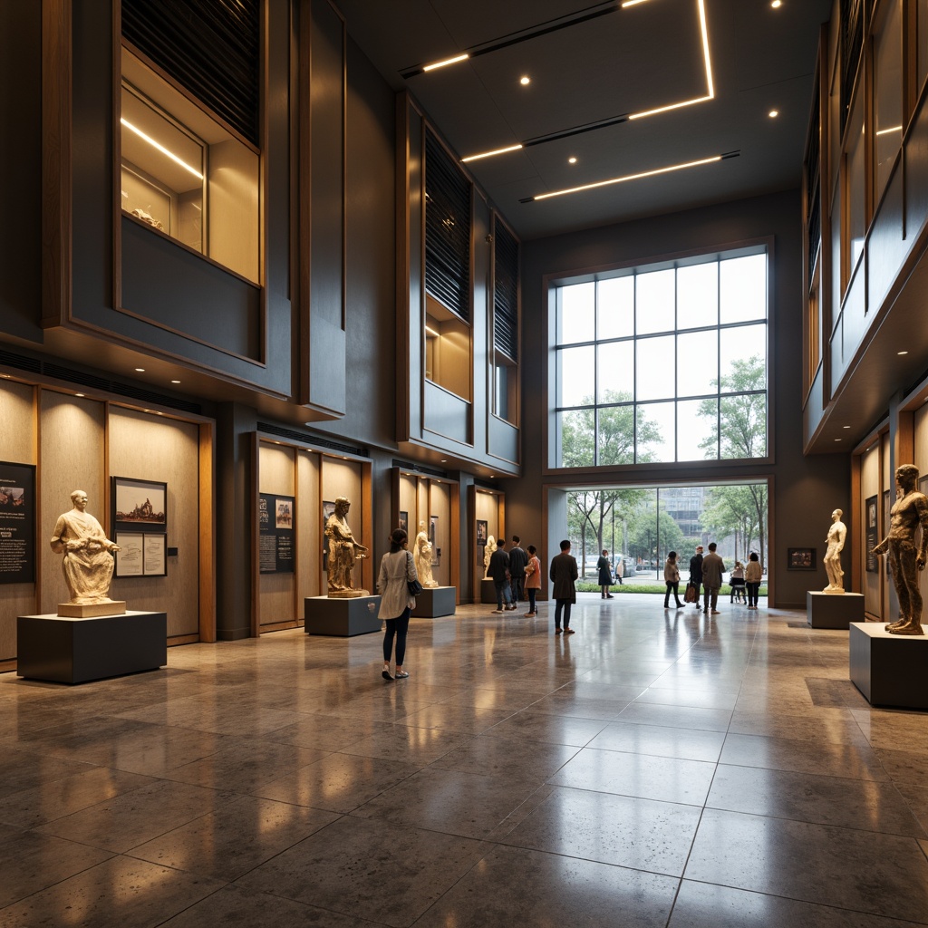 Prompt: Elegant museum interior, grand high ceilings, polished marble floors, subtle ambient lighting, LED strip lights, floor-to-ceiling windows, natural daylight, minimalist exhibit spaces, sleek display cases, interactive exhibits, immersive experiences, warm color temperatures, soft spotlighting, dramatic shadowing, 1/2 composition, realistic reflections, ambient occlusion, museum artifacts, ancient relics, modern art installations.