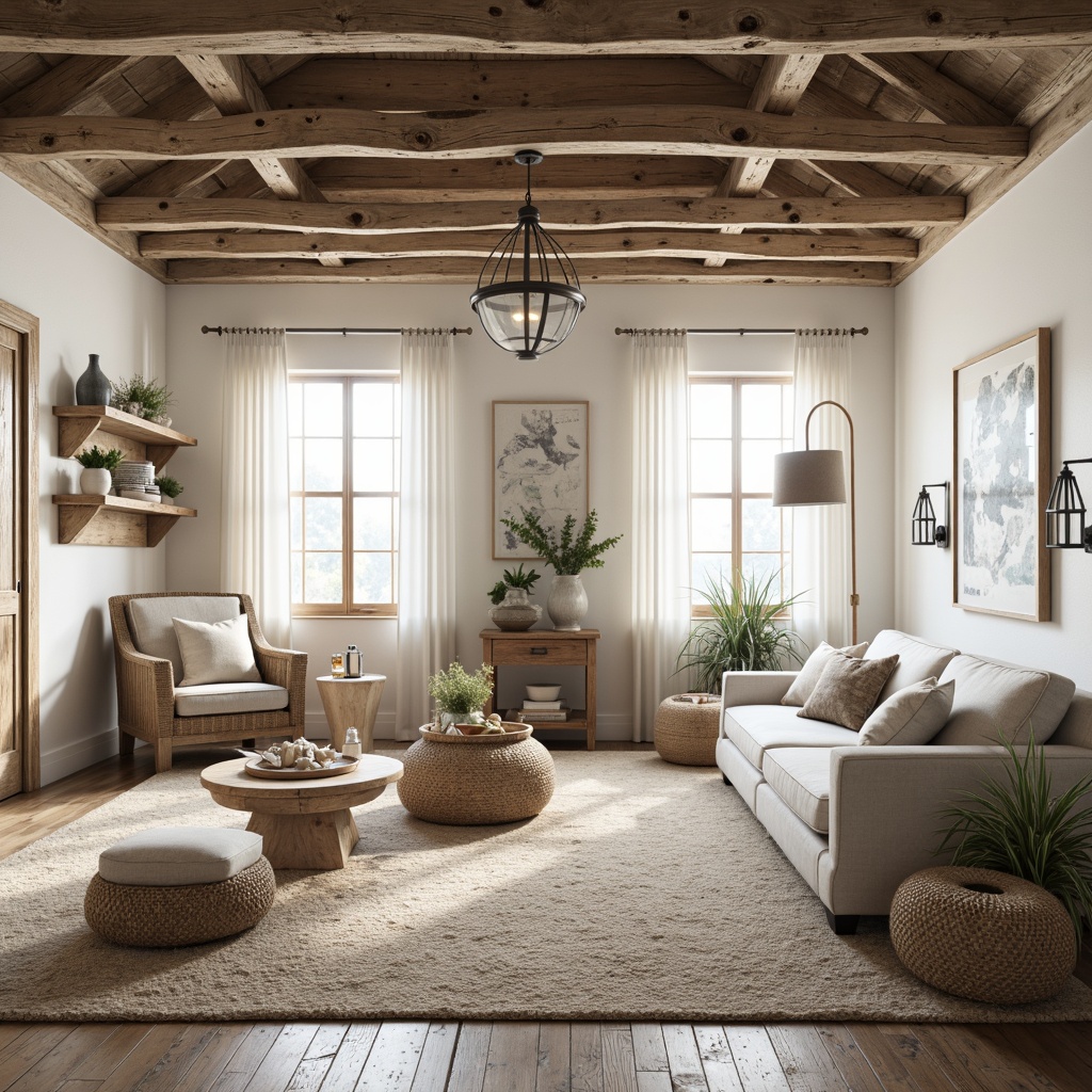 Prompt: Rustic coastal farmhouse, weathered wooden beams, distressed wood accents, vintage metal lanterns, soft natural light, creamy white walls, reclaimed wood floors, plush area rugs, comfortable linen sofas, nautical decorative elements, shells, driftwood, ocean-inspired color palette, calming atmosphere, warm cozy ambiance, shallow depth of field, 1/1 composition, realistic textures, ambient occlusion.