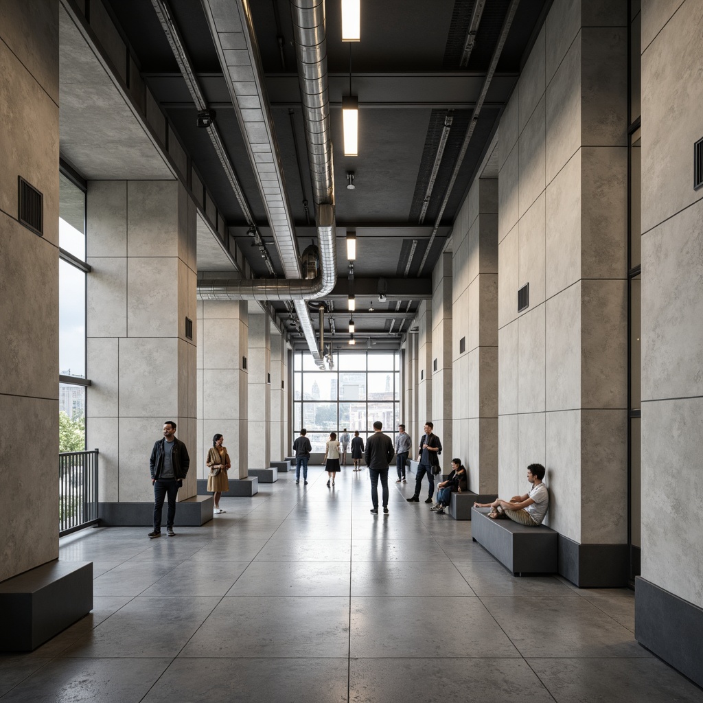 Prompt: Sleek train station interior, minimalist wall finishes, neutral color palette, industrial materials, exposed ductwork, polished concrete floors, silver metal accents, modern lighting fixtures, geometric shapes, urban atmosphere, rush hour crowds, soft natural light, shallow depth of field, 1/2 composition, realistic textures, ambient occlusion.