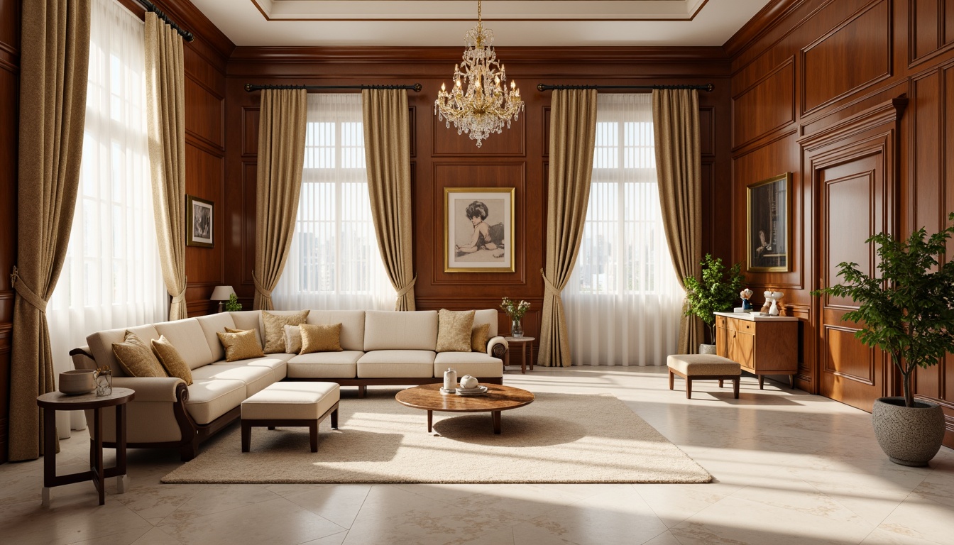 Prompt: Elegant interior space, rich wood paneling, ornate moldings, luxurious fabrics, subtle sheen, warm beige tones, soft cream accents, muted gold hues, refined bronze details, sophisticated marble textures, opulent velvet drapes, stately chandeliers, classical architectural elements, harmonious balance, symmetrical composition, warm natural light, softbox lighting effect, 1/2 composition, high-end materials, realistic reflections.