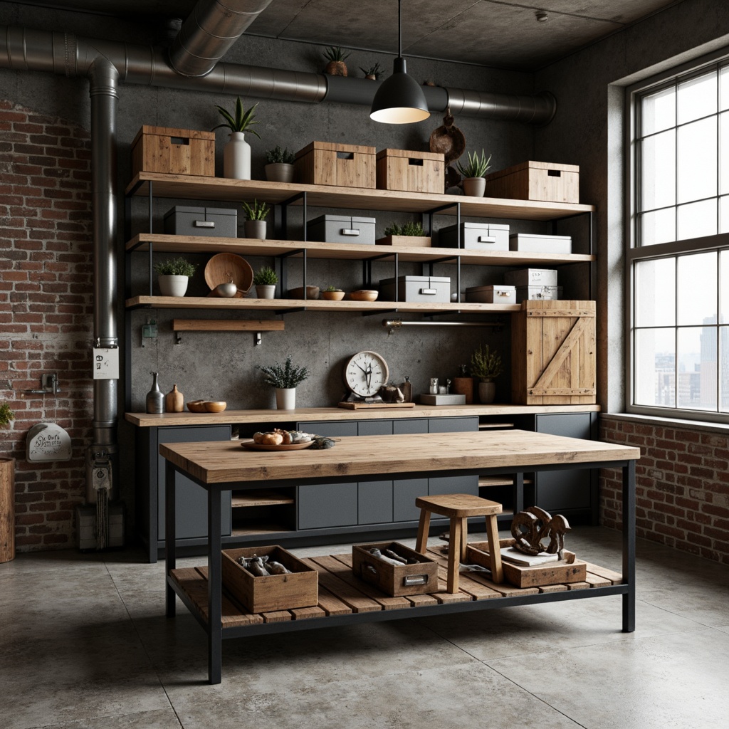 Prompt: Industrial chic workbench, minimalist metal frame, reclaimed wood top, rustic wooden crates, vintage toolboxes, metal storage bins, distressed finishes, urban loft ambiance, overhead lighting, concrete floor, exposed ductwork, modern industrial decor, functional simplicity, clean lines, monochromatic color scheme, ample workspace, ergonomic stool, organized tool arrangement, subtle shadows, soft natural light, 1/1 composition, realistic textures.