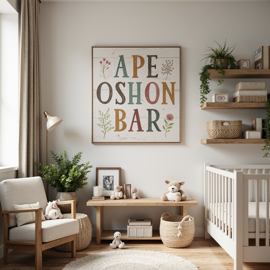 Prompt: Rustic wooden wall decor, vintage baby blocks, distressed frame nursery art, soft pastel colors, floral patterns, natural textiles, woven baskets, reclaimed wood shelves, farmhouse-inspired cribs, plush toys, cozy reading nook, warm lighting, shallow depth of field, 1/1 composition, realistic textures, ambient occlusion.