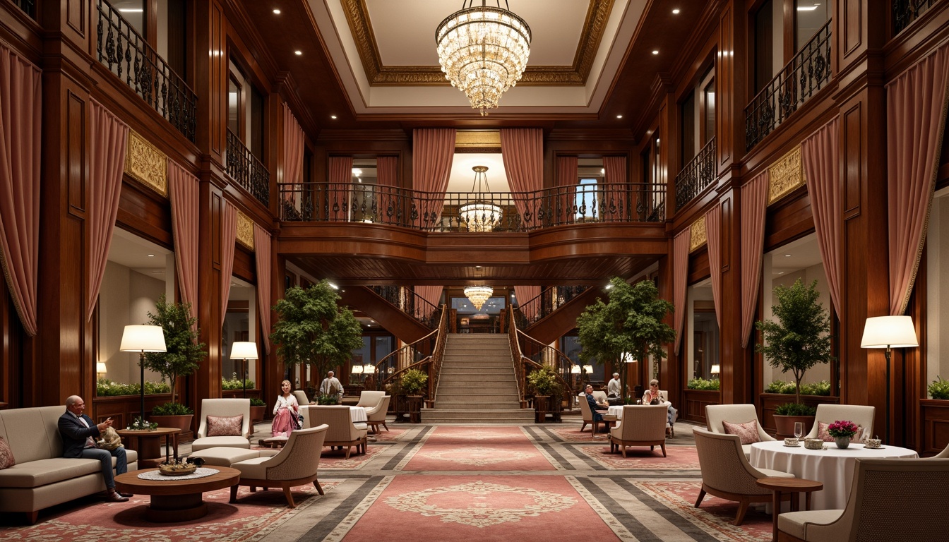 Prompt: Luxurious hotel lobby, ornate chandeliers, rich wood paneling, velvet drapes, intricate moldings, gilded accents, marble floors, grand staircase, elegant furnishings, plush carpets, soft warm lighting, subtle shadows, 1/1 composition, realistic textures, ambient occlusion, luxurious fabrics, embroidered upholstery, tassel trimmings, sophisticated color palette, refined patterns, classic architectural details.