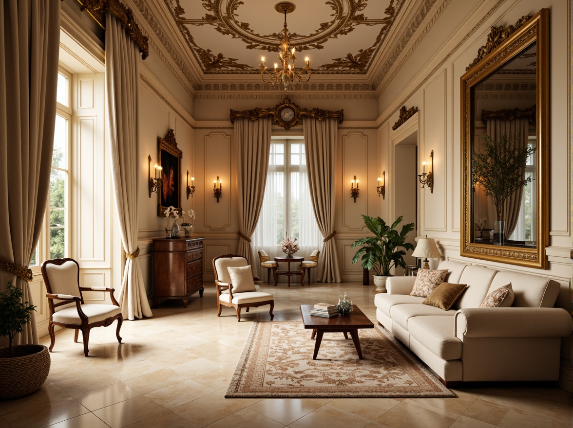 Prompt: Richly ornamented classic interiors, warm beige walls, elegant cream-colored marble floors, ornate gold accents, luxurious velvet fabrics, soft ivory drapes, refined dark wood furniture, intricate carvings, subtle ornamental patterns, subtle gradient lighting, warm candlelight ambiance, 1/2 composition, shallow depth of field, realistic textures, ambient occlusion.