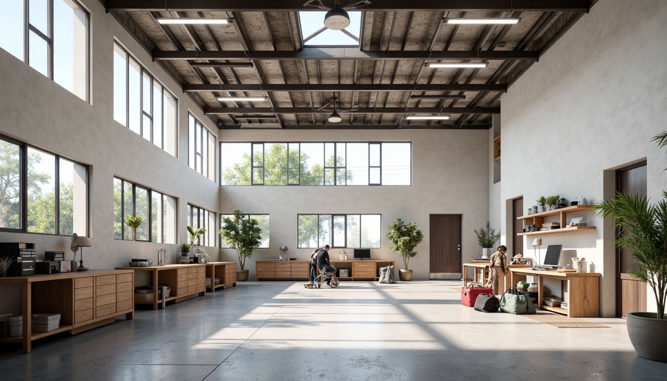 Prompt: Spacious garage interior, abundant natural light, clerestory windows, skylights, transparent roof panels, bright white walls, polished concrete floors, industrial-style metal beams, minimalist decor, functional workbenches, organized tool storage, sleek modern cabinets, LED task lighting, warm wood accents, earthy color palette, soft diffused shadows, shallow depth of field, 1/2 composition, panoramic view, realistic textures, ambient occlusion.