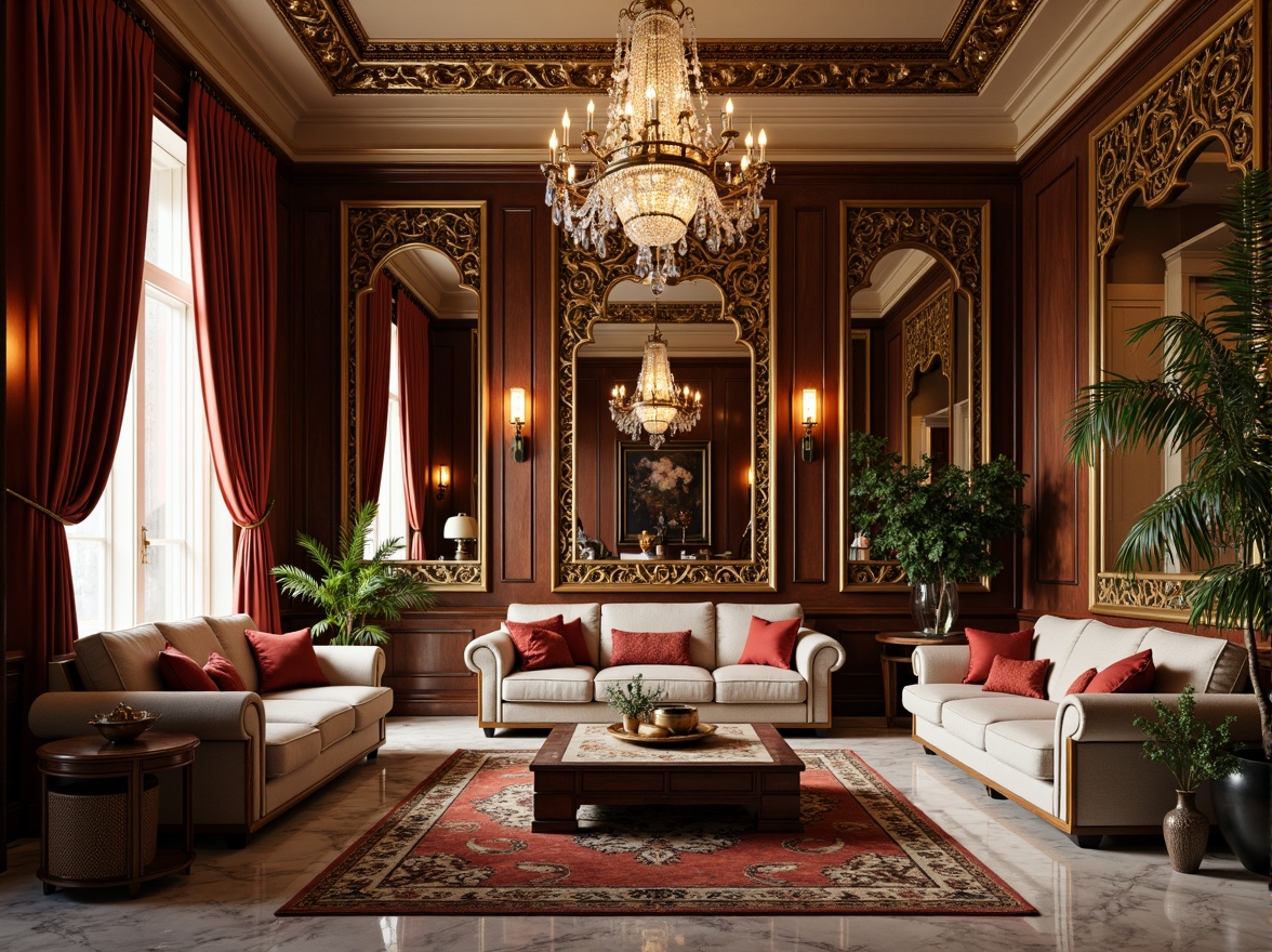 Prompt: Luxurious living room, opulent furnishings, intricately carved wooden panels, ornate mirrors, gilded frames, velvet drapes, crystal chandeliers, marble flooring, plush area rugs, lavish textiles, richly upholstered sofas, accent walls, decorative moldings, intricate ceiling details, warm golden lighting, shallow depth of field, 1/1 composition, realistic textures, ambient occlusion.