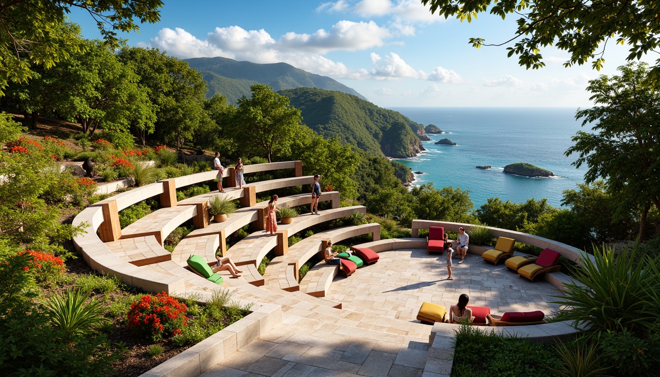 Prompt: Vibrant tropical amphitheater, curved stepped seating, lush greenery surroundings, exotic flower patterns, natural stone floors, wooden benches with colorful cushions, woven rattan chairs, rustic metal frames, tiered levels, panoramic ocean views, sunny day, soft warm lighting, dramatic shading, 3/4 composition, realistic textures, ambient occlusion.