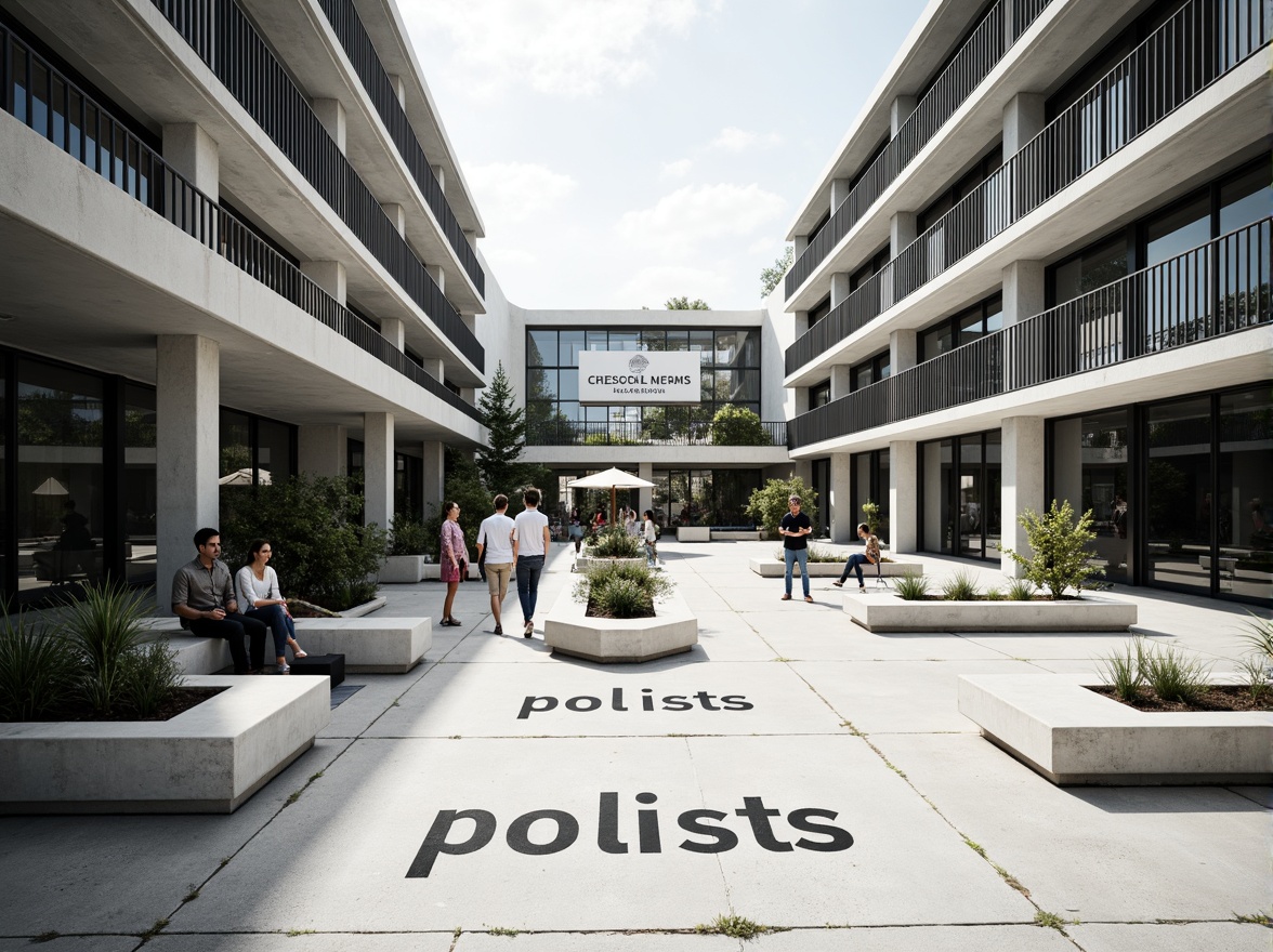 Prompt: Vibrant open courtyard, minimalist concrete flooring, industrial metal railings, bold typography signage, geometric-shaped planters, asymmetrical building facades, large windows with steel frames, functional simplicity, clean lines, monochromatic color scheme, abundant natural light, airy atmosphere, 3/4 composition, shallow depth of field, panoramic view, realistic textures, ambient occlusion.