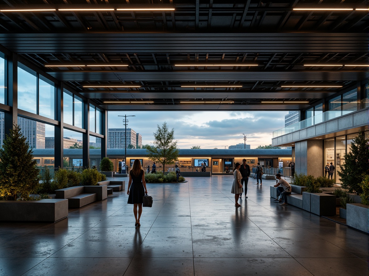 Prompt: Sleek train station, minimalist architecture, clean lines, monochromatic color scheme, subtle ambient lighting, warm glow of LED strips, diffused natural light, industrial metal beams, polished concrete floors, modern ticketing systems, futuristic signage, sparse greenery, calm atmosphere, shallow depth of field, 1/1 composition, softbox lighting, realistic shadows, ambient occlusion.