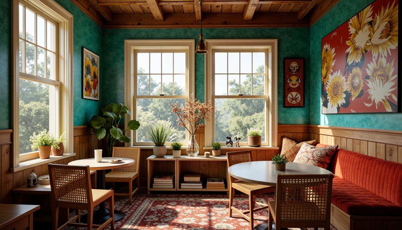 Prompt: Cozy breakfast nook, vintage eclectic style, warm earthy tones, rich wood accents, distressed finishes, plush velvet fabrics, bold geometric patterns, vibrant turquoise walls, creamy white trim, brass metallic hardware, natural stone countertops, woven rattan chairs, soft golden lighting, shallow depth of field, 1/1 composition, realistic textures, ambient occlusion.