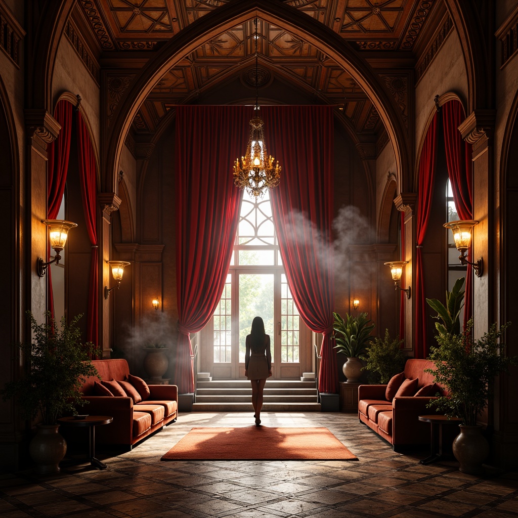 Prompt: Rich jewel-toned entryway, Gothic arches, ornate carvings, warm golden lighting, luxurious velvet drapes, dark wood paneling, intricate stone flooring, mystical ambiance, mysterious shadows, grandiose chandeliers, rustic metalwork, earthy terracotta hues, soft candlelight, atmospheric fog effect, cinematic composition, dramatic high contrast, opulent furnishings, regal atmosphere.