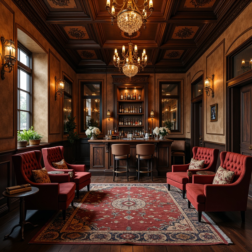 Prompt: Luxurious Renaissance-style home bar, rich wood tones, ornate carvings, velvet upholstery, golden accents, crystal chandeliers, intricately patterned rugs, antique furnishings, distressed leather armchairs, wooden cabinets with metal hardware, wine racks, glass shelves, ambient warm lighting, cozy intimate atmosphere, dark wood paneling, decorative moldings, ornate mirrors, lavish drapery, regal color palette.