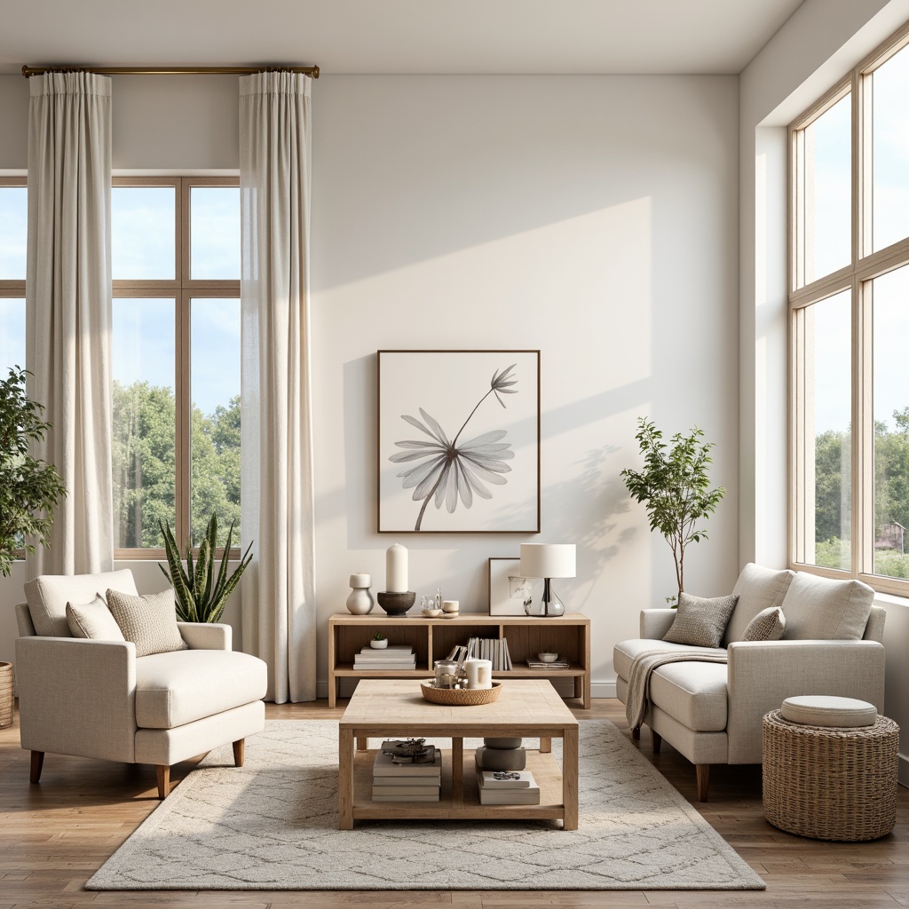 Prompt: Nordic-inspired living room, light-filled atmosphere, neutral color palette, soft whites, creamy beiges, pale woods, natural textiles, woven baskets, minimal ornamentation, functional furniture, sleek lines, subtle patterns, calming ambiance, warm candlelight, cozy throws, plush area rugs, large windows, botanical prints, nature-inspired accents, organic shapes, rustic wood tones, airy feel, 1/1 composition, softbox lighting, realistic reflections.