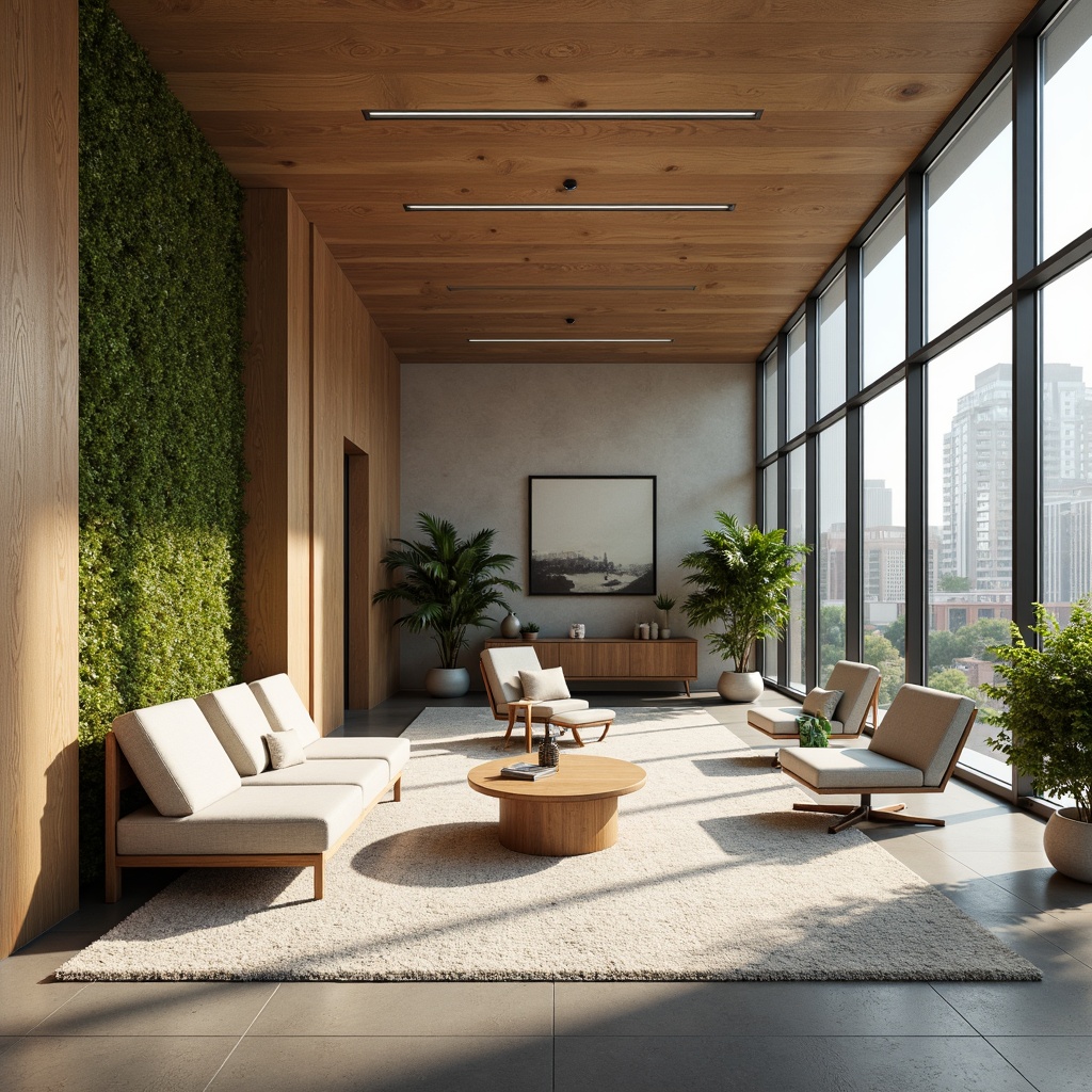 Prompt: Calming office interior, sound-absorbing panels, soft plush carpets, wooden acoustic diffusers, minimalist furniture, neutral color palette, natural textiles, live green walls, floor-to-ceiling windows, abundant daylight, warm cozy lighting, subtle ambient noise, 1/2 composition, shallow depth of field, realistic textures, ambient occlusion.