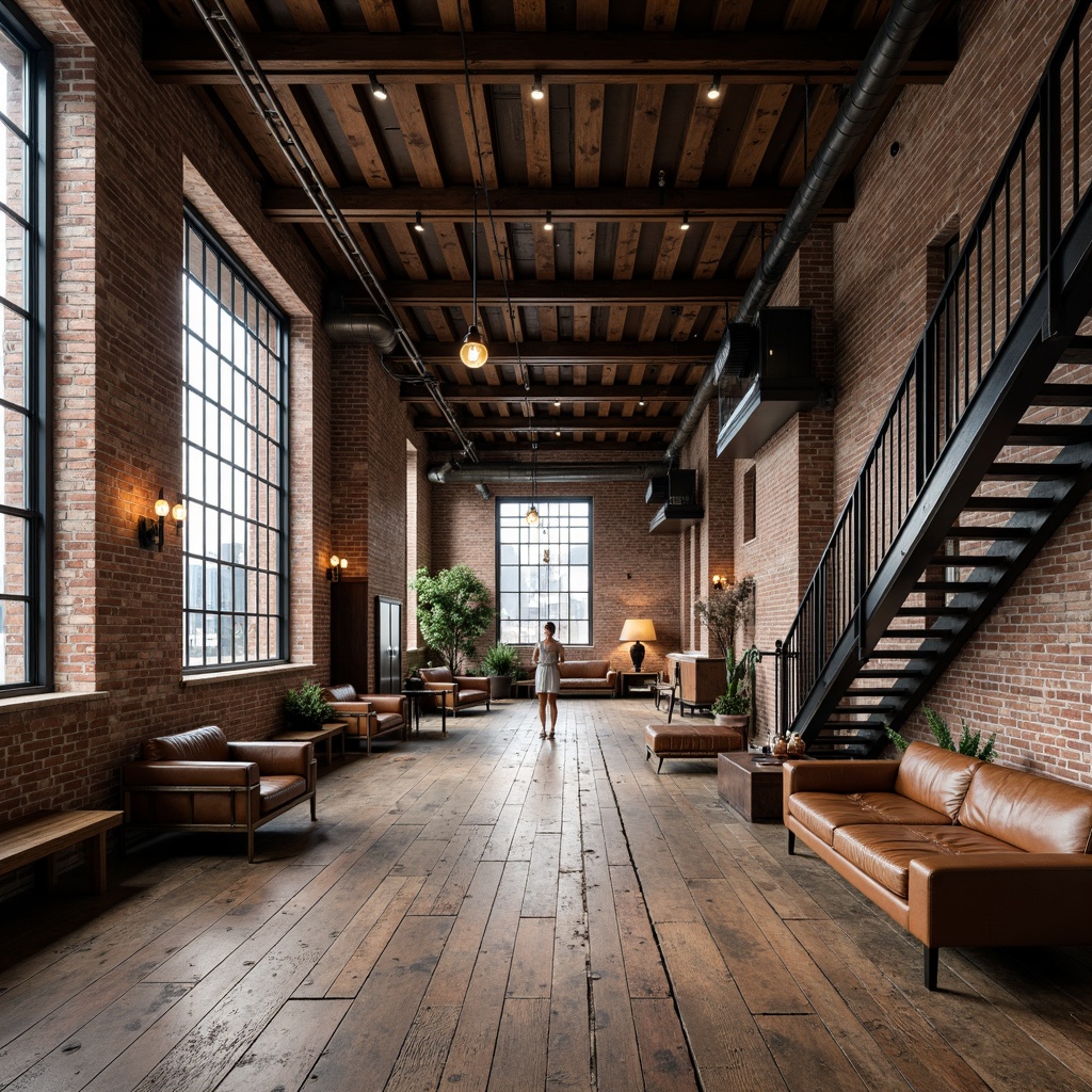 Prompt: Exposed brick walls, metal beams, reclaimed wood flooring, industrial-style lighting fixtures, distressed concrete surfaces, urban cityscape views, modern minimalist decor, functional metal stairs, oversized windows, converted warehouse spaces, rustic decorative accents, Edison bulb pendant lights, aged leather upholstery, metallic color palette, low-key ambient lighting, 3/4 composition, realistic textures, shallow depth of field.