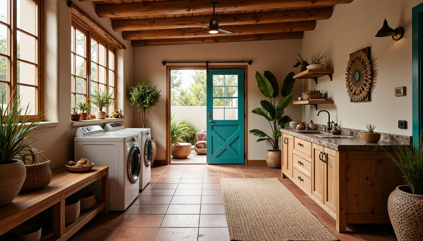 Prompt: Southwestern laundry room, warm earthy tones, terracotta tile flooring, rustic wooden cabinets, vibrant turquoise accents, woven textiles, geometric patterns, natural light, large windows, sliding glass doors, desert botanicals, cacti plants, succulents, clay pottery, handmade ceramic tiles, distressed wood furniture, vintage metal decor, warm beige walls, soft warm lighting, shallow depth of field, 1/1 composition.