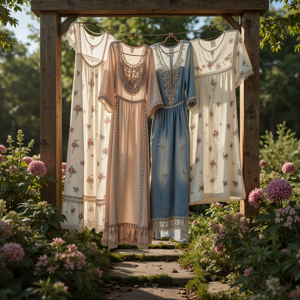 Prompt: Distressed vintage fabrics, soft pastel hues, floral patterns, lace trimmings, ruffled edges, velvet textures, linen draping, cotton embroidery, faded denim, worn leather, antique buttons, rusty metal accents, weathered wood tones, moss-covered stones, overgrown gardens, warm natural light, soft focus photography, 1/1 composition, romantic atmosphere, whimsical details, nostalgic feel.