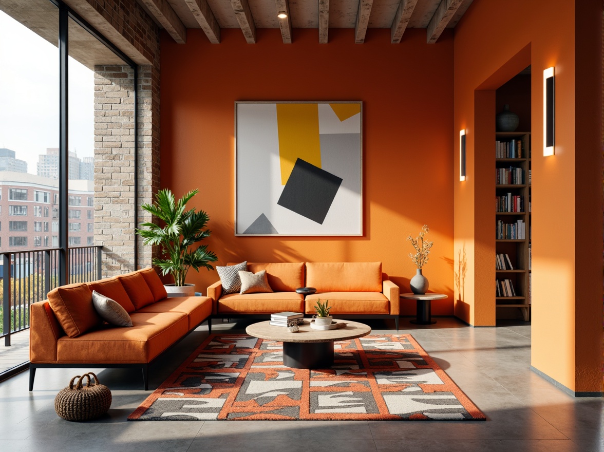 Prompt: Vibrant tangerine accents, modern minimalist interior, sleek low-profile furniture, geometric patterned rug, abstract artwork, industrial chic lighting fixtures, exposed brick walls, polished concrete floors, cozy reading nook, floor-to-ceiling windows, natural daylight, warm atmospheric glow, shallow depth of field, 1/1 composition, realistic textures, ambient occlusion.