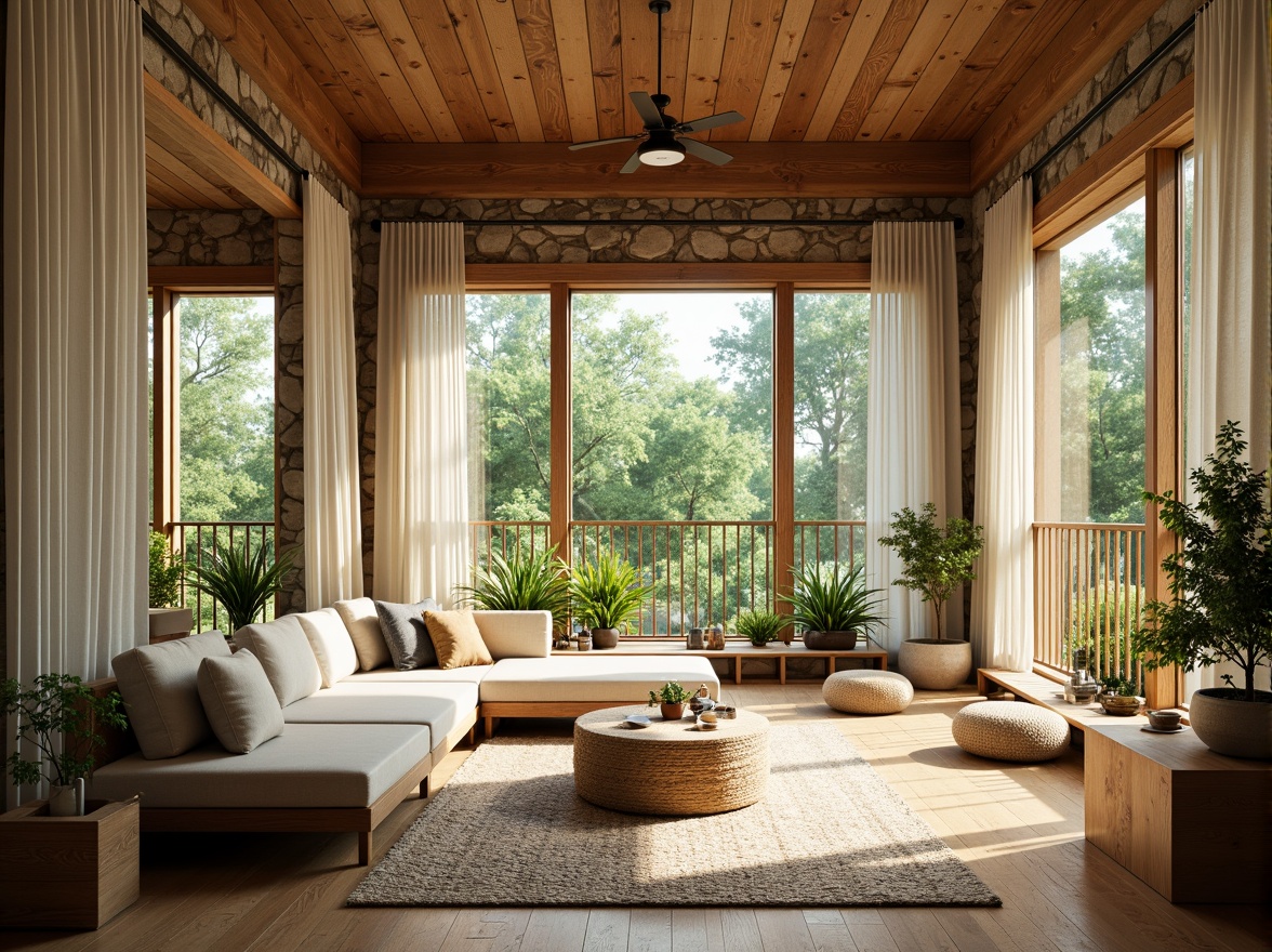 Prompt: \Vibrant living room, large windows, natural stone walls, wooden floors, minimal decor, abundant greenery, soft warm lighting, indirect sunlight, cozy reading nook, comfortable seating area, floor-to-ceiling drapes, sheer white curtains, subtle color palette, earthy tone accents, organic textures, 1/1 composition, shallow depth of field, panoramic view.\