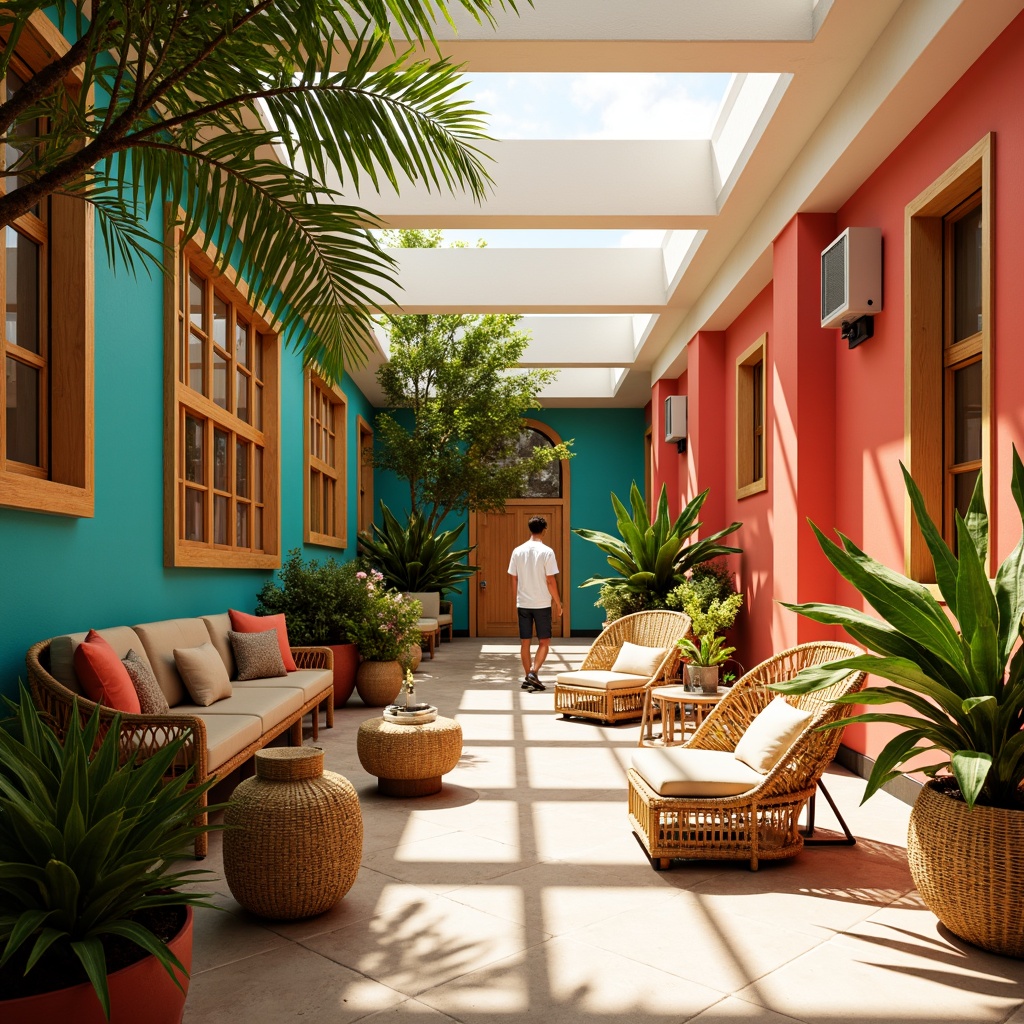 Prompt: Vibrant student hall, tropical color palette, bright coral walls, turquoise accents, lush greenery, palm trees, exotic flowers, woven rattan furniture, natural wood textures, creamy white ceilings, warm golden lighting, shallow depth of field, 1/1 composition, realistic reflections, ambient occlusion, relaxed atmosphere, cozy communal spaces, eclectic decorative patterns, bold colorful artwork, lively student lounge, sunny day, soft warm ambiance.