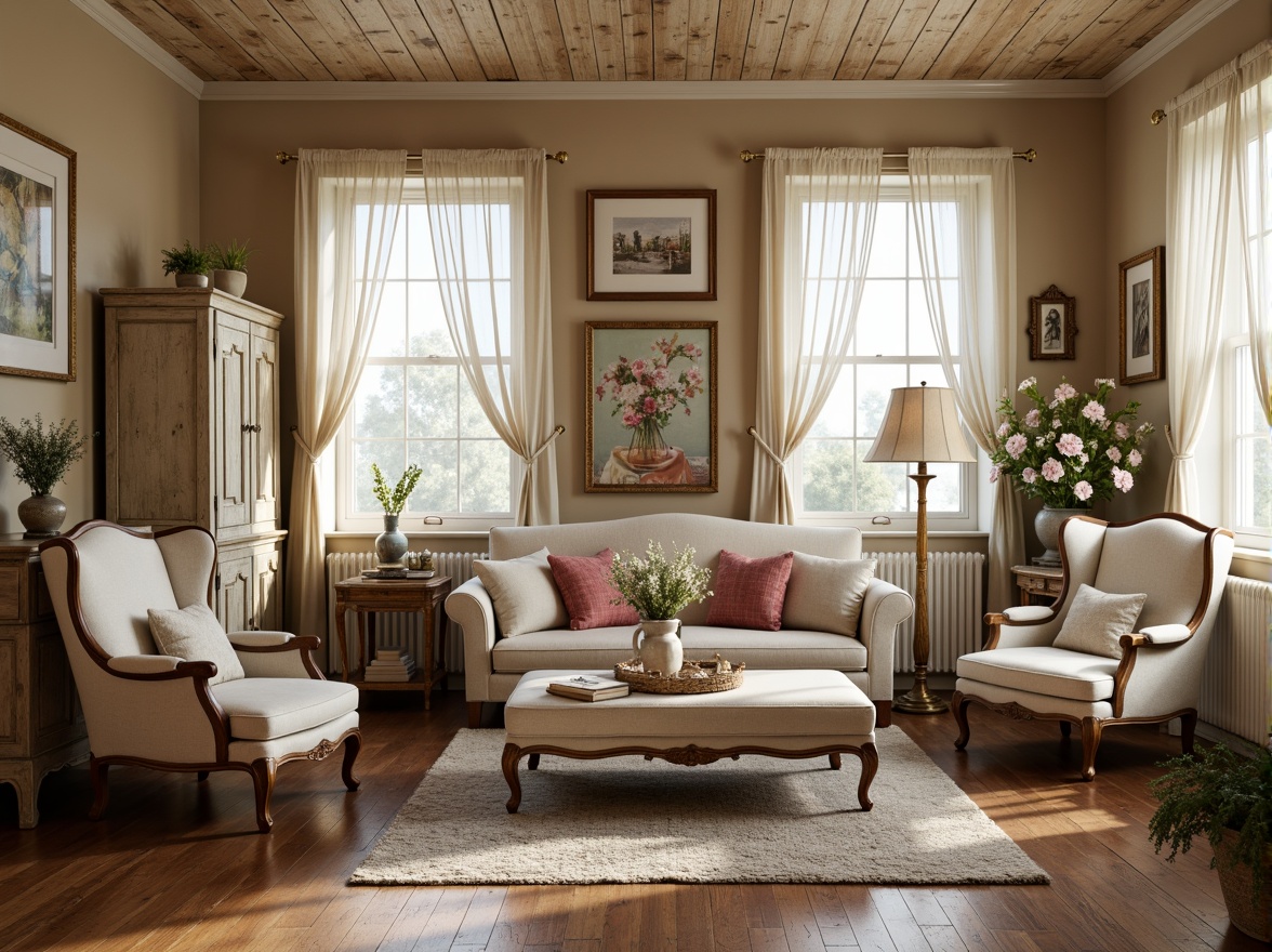 Prompt: Distressed wood furniture, soft pastel colors, vintage accessories, floral patterns, lace curtains, rustic wooden floors, worn velvet armchairs, antique decorative items, distressed finishes, feminine accents, romantic ambiance, warm candlelight, 1/2 composition, shallow depth of field, dreamy soft focus, natural textures, warm beige walls.