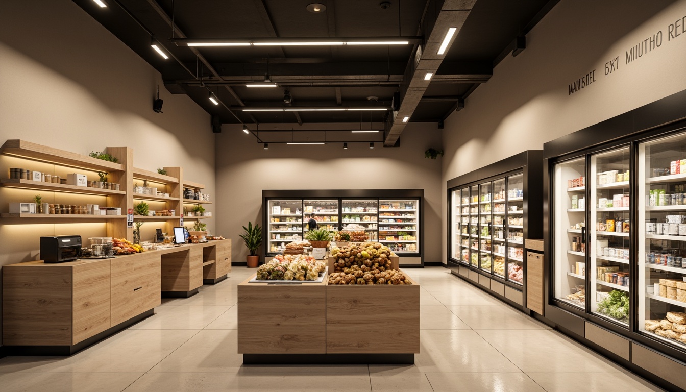 Prompt: Minimalist grocery store interior, softbox lighting, warm beige tones, clean lines, simple shelving units, natural wood accents, matte metal fixtures, subtle LED strip lighting, gentle ambient glow, high ceilings, open floor plan, sparse product displays, monochromatic color scheme, industrial-chic concrete floors, sleek modern refrigeration units, elegant typography, 1/1 composition, soft focus, cinematic lighting, realistic reflections.