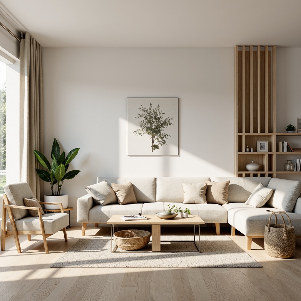 Prompt: Cozy living room, light wood flooring, minimalist sofa, sleek coffee table, Nordic-inspired armchairs, natural textiles, pastel-colored walls, large windows, soft diffused lighting, subtle shadows, 1/1 composition, relaxed atmosphere, Scandi-chic aesthetic, modern simplicity, functional decor, industrial-chic accents, monochromatic color scheme, airy space, floor-to-ceiling curtains, botanical prints, woven baskets, ceramic vases.