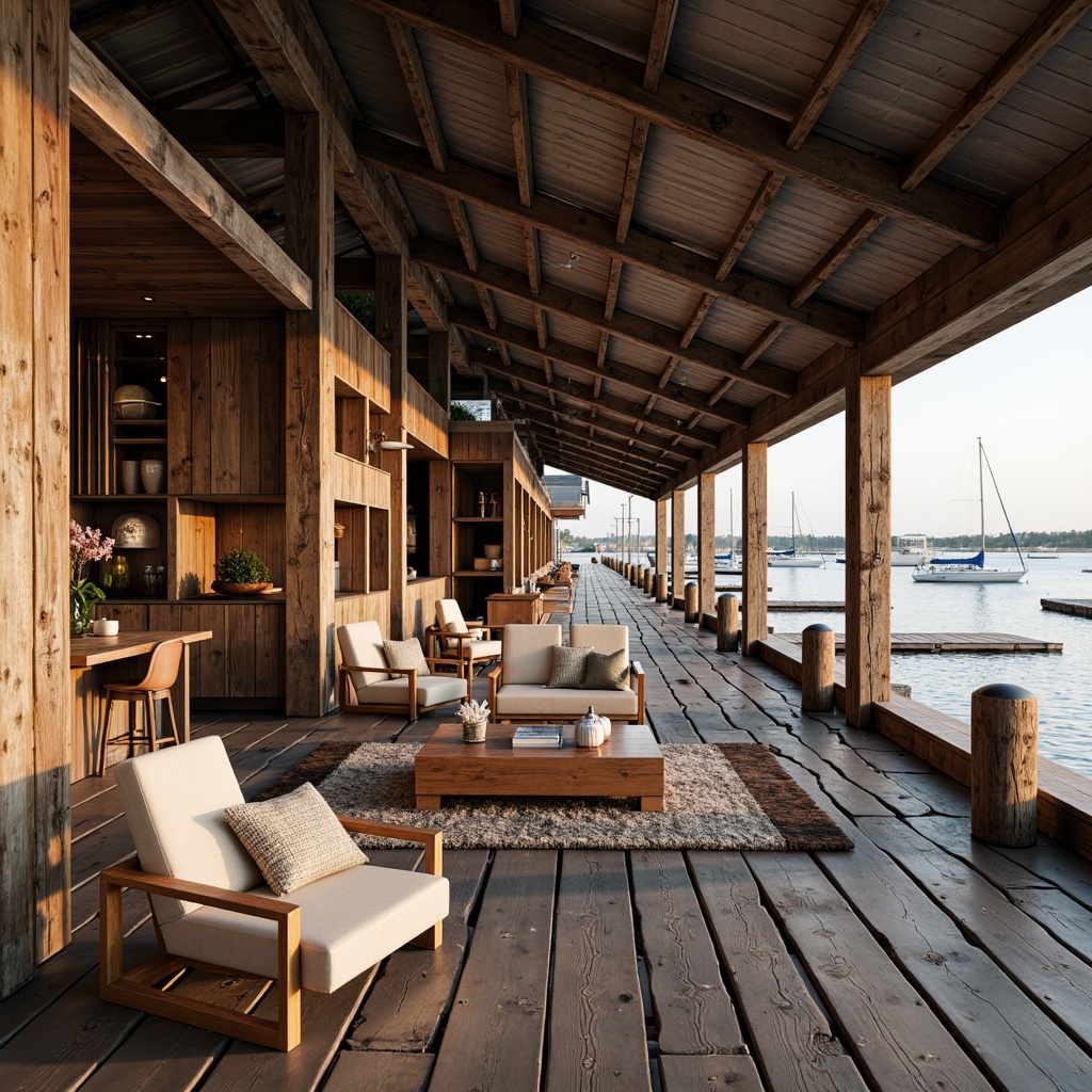 Prompt: Rustic boathouse, wooden docks, weathered planks, nautical ropes, driftwood accents, coral-inspired color palette, sea-salted timber, galvanized metal roofs, reclaimed wood furniture, natural fiber textiles, ocean-breeze ventilation, soft warm lighting, shallow depth of field, 1/2 composition, rustic textures, ambient occlusion, serene coastal atmosphere.