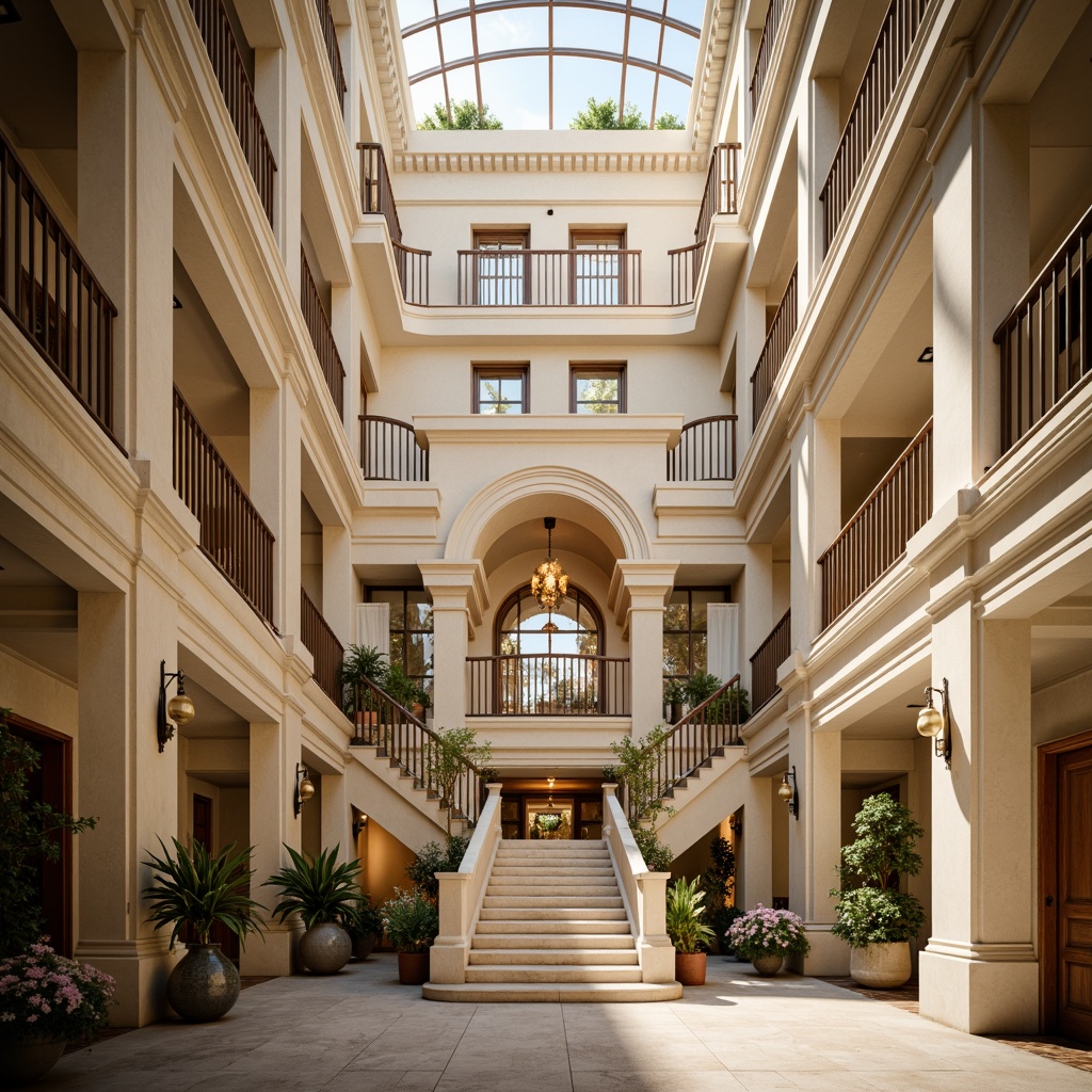 Prompt: Elegant apartment building, neoclassical fa\u00e7ade, ornate columns, carved stonework, symmetrical composition, grand entrance, sweeping staircases, intricate moldings, decorative cornices, classical arches, refined color palette, soft cream walls, rich wood accents, lavish chandeliers, plush furnishings, natural light pouring in, 1/1 composition, shallow depth of field, warm golden lighting, realistic textures, ambient occlusion.