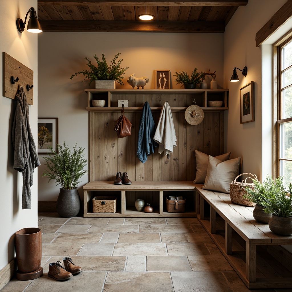 Prompt: Rustic mudroom, earthy tones, warm beige walls, rich wood accents, natural stone flooring, weathered metal decor, vintage outdoor gear, functional storage benches, distressed leather accessories, soft warm lighting, cozy atmosphere, nature-inspired color scheme, muted greenery, organic textures, earth-toned ceramics, wooden crate shelving, industrial-style lighting fixtures, neutral background, pops of deep blue, warm golden hues.