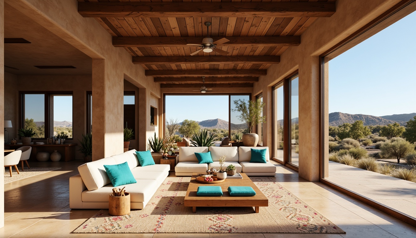 Prompt: Southwestern-inspired open floor plan, large windows, sliding glass doors, natural stone floors, earthy color palette, rustic wooden beams, high ceilings, minimalist decor, comfortable plush furniture, woven textiles, vibrant turquoise accents, geometric patterns, adobe-style architecture, desert landscape views, clear blue skies, warm sunny days, shallow depth of field, 3/4 composition, panoramic view, realistic textures, ambient occlusion.