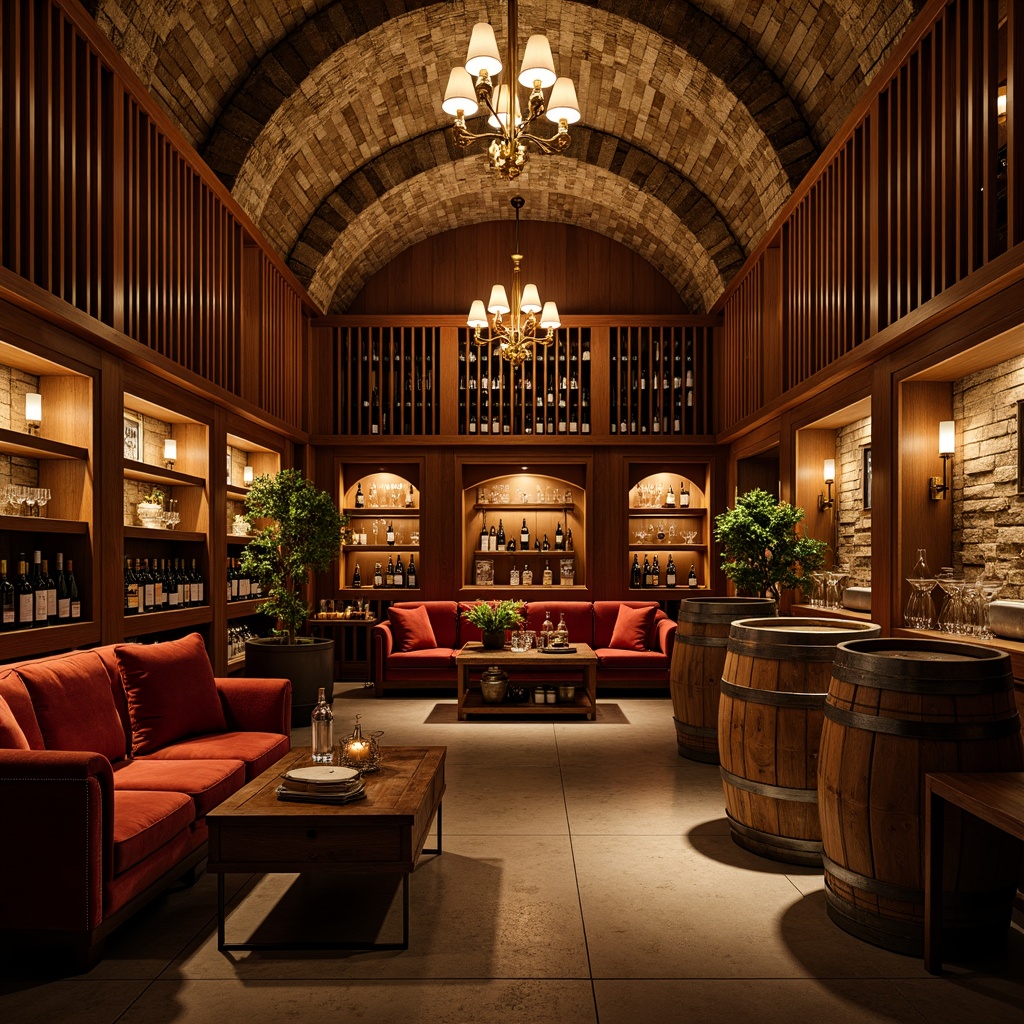 Prompt: Luxurious wine cellar, rich wood tones, rustic stone walls, dimly lit ambiance, warm golden lighting, soft shadows, elegant wooden racks, premium wine bottles, crystal glasses, sophisticated chandeliers, intimate seating areas, plush velvet couches, vintage wine barrels, earthy scent, cozy atmosphere, shallow depth of field, 1/2 composition, warm color palette, realistic textures, ambient occlusion.