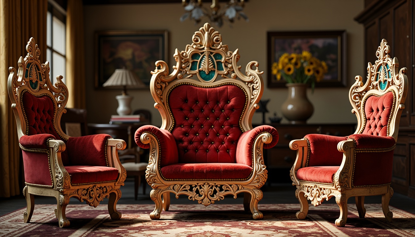 Prompt: Intricate wooden furniture, flowing organic curves, ornate metalwork details, sinuous lines, botanical motifs, stained glass inlays, velvet upholstery, rich jewel-toned colors, sculptural chair designs, curved legs, ornamental carvings, luxurious fabrics, beaded fringe trimmings, gilded accents, natural materials, warm golden lighting, soft focus, shallow depth of field, 2/3 composition, realistic textures, ambient occlusion.