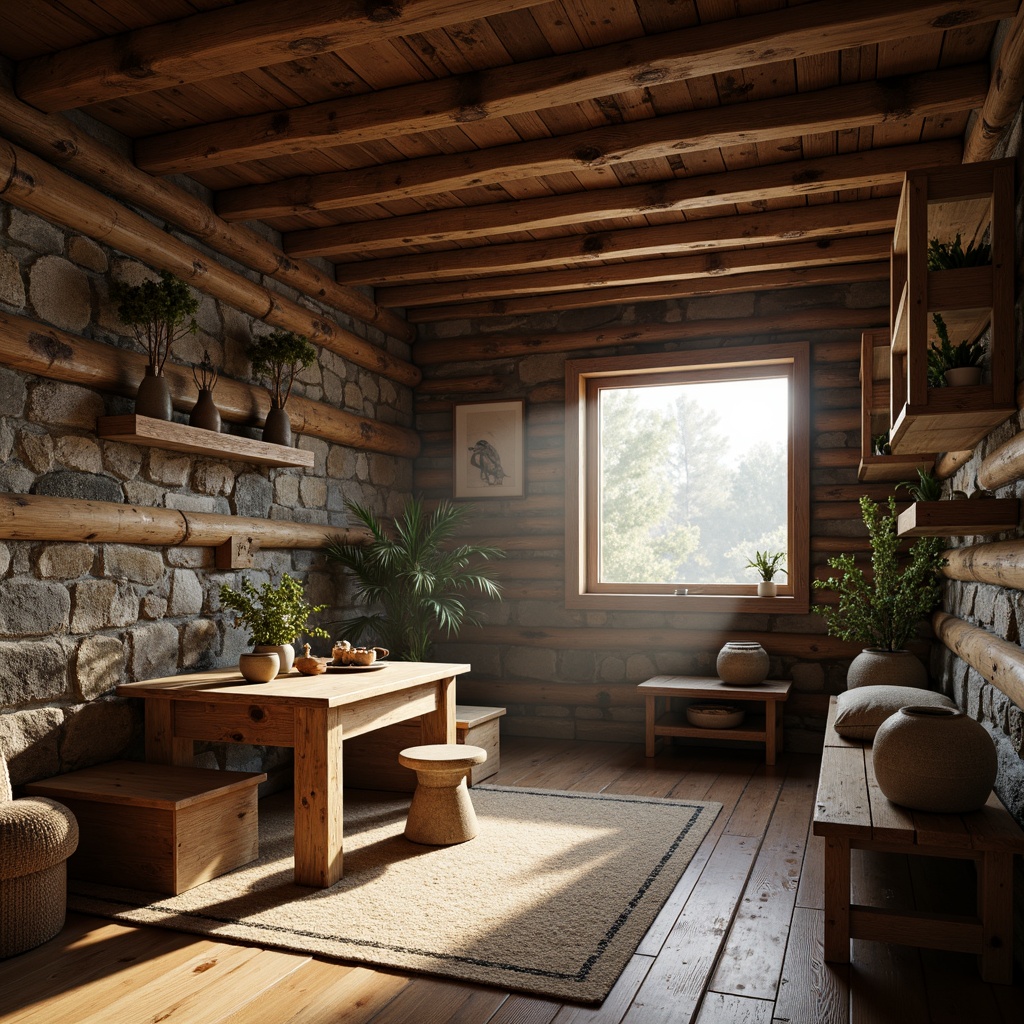 Prompt: Rustic wooden cabin, natural stone walls, earthy tone flooring, distressed wood accents, vintage metal decorations, warm cozy lighting, soft focus, shallow depth of field, 3/4 composition, richly textured finishes, organic material palette, earthenware pottery, woven textiles, nature-inspired color scheme, morning sunlight, misty atmosphere.