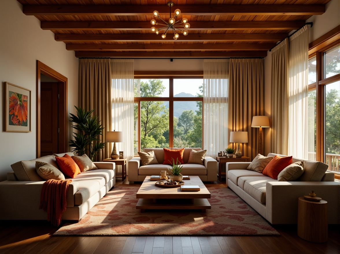 Prompt: Cozy family room, warm ambient lighting, soft glowing table lamps, floor-to-ceiling windows, natural daylight, sheer curtains, wooden ceiling beams, comfortable sectional sofas, vibrant colorful throw pillows, rustic wooden coffee tables, plush area rugs, modern LED floor lamps, warm beige walls, elegant chandeliers, subtle shadows, 1/1 composition, intimate atmosphere, realistic textures.