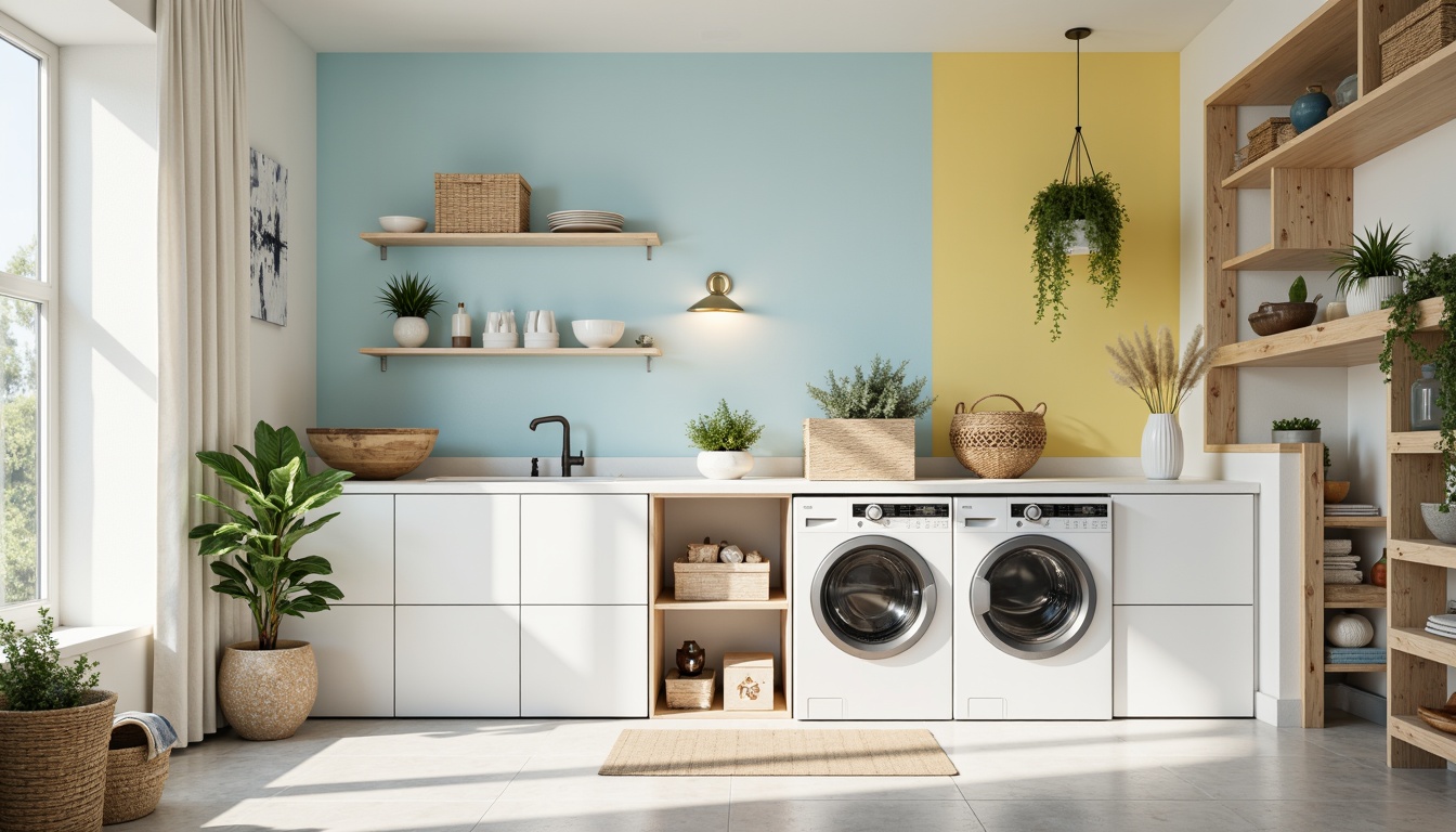 Prompt: Vibrant laundry room, bright whites, soft pastels, calming blues, warm beige tones, energetic yellows, fresh greens, natural wood accents, sleek metal appliances, modern minimalist design, ample natural light, subtle texture contrasts, 3/4 composition, shallow depth of field, realistic renderings, ambient occlusion.