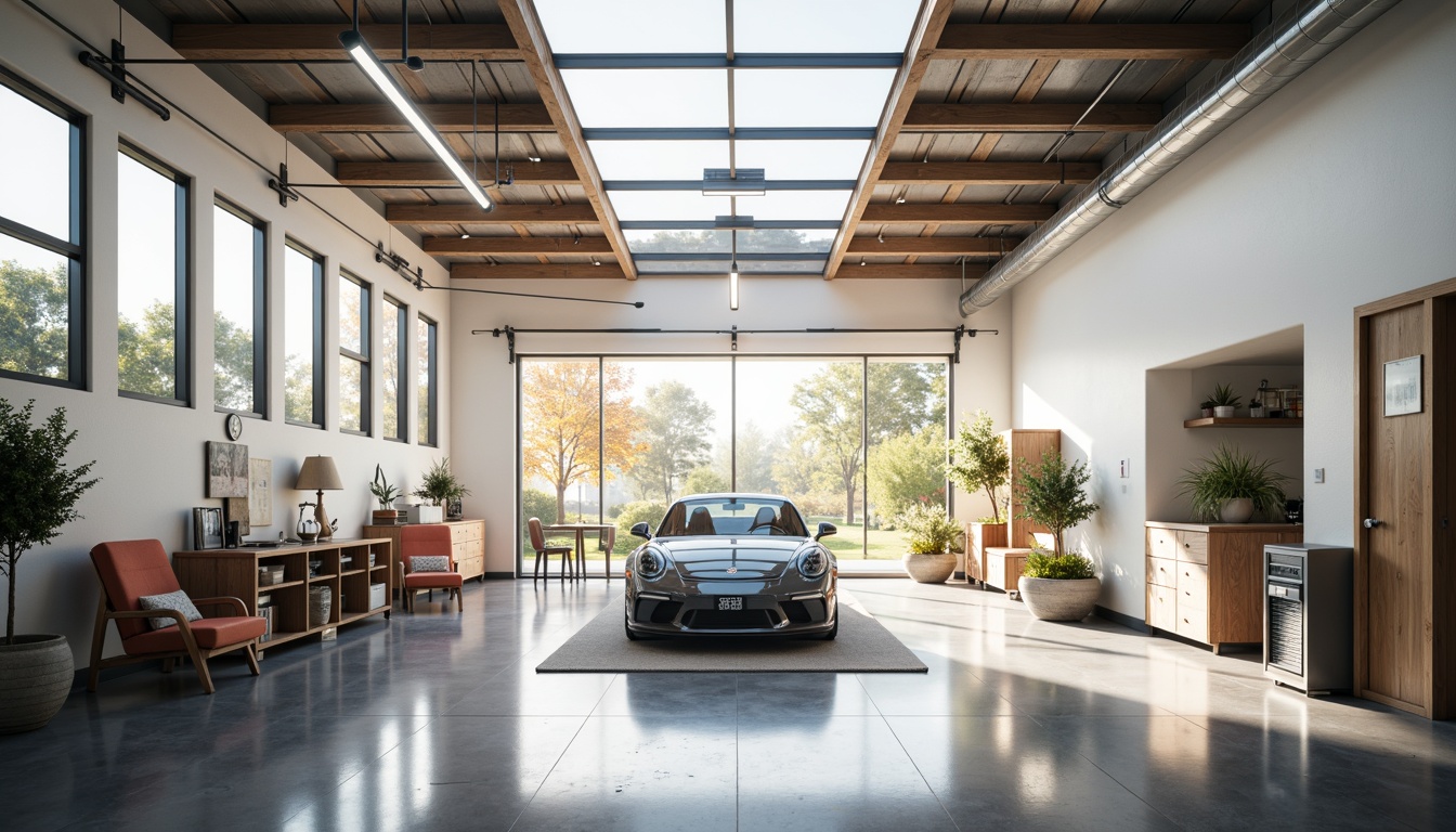 Prompt: Vibrant garage interior, abundant natural light, skylights, clerestory windows, transparent roof panels, white walls, polished concrete floors, minimalist decor, industrial chic style, exposed ductwork, metal beams, wooden accents, ample storage space, sleek modern fixtures, LED strip lighting, soft warm glow, shallow depth of field, 1/1 composition, realistic textures, ambient occlusion.