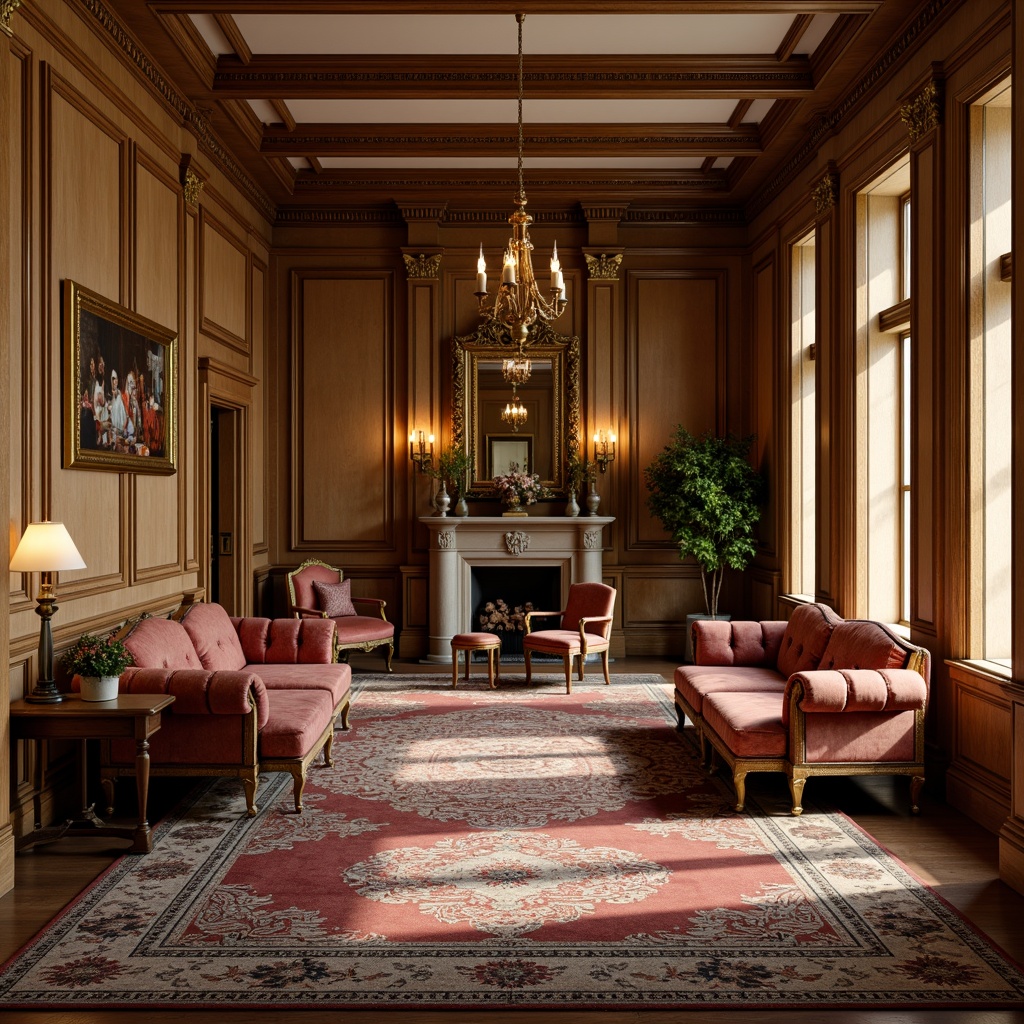 Prompt: Elegant antique furniture, rich wooden tones, velvet upholstery, ornate carvings, gilded accents, luxurious fabrics, tufted sofas, rolled-arm chairs, intricately patterned rugs, classic columnar structures, warm beige walls, soft golden lighting, subtle shadows, 1/1 composition, symmetrical arrangement, realistic textures, ambient occlusion.