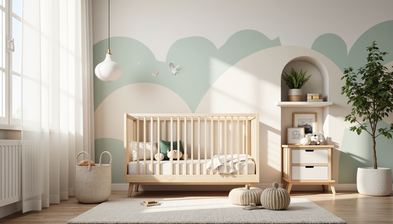 Prompt: Soft pastel nursery, calming atmosphere, gentle color transitions, creamy whites, pale blues, minty greens, warm beiges, subtle wood accents, plush carpeting, delicate floral patterns, whimsical wall decals, cozy reading nooks, natural light pouring, sheer curtains, 1/2 composition, soft focus, realistic textures, ambient lighting.