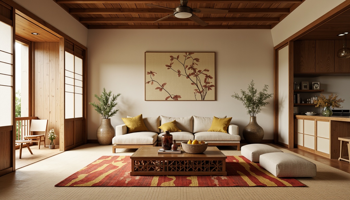 Prompt: Cozy Asian-style family room, traditional tatami mats, shoji screens, sliding doors, low-seating furniture, intricately carved wooden coffee tables, ornate vases, vibrant silk fabrics, subtle natural lighting, warm beige tones, minimalist decor, bamboo accents, nature-inspired wall art, serene ambiance, 1/1 composition, soft focus, shallow depth of field, realistic textures.