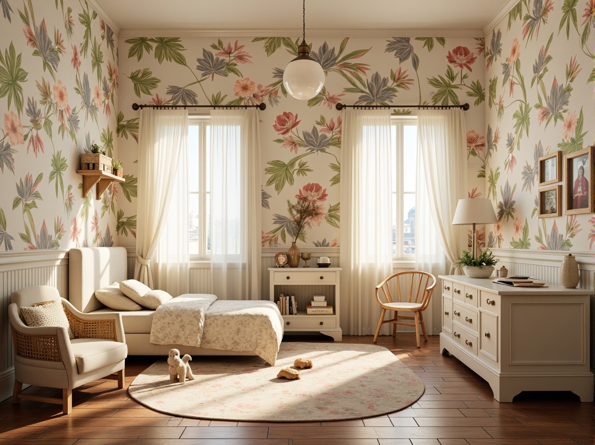 Prompt: Whimsical kids' room, ornate wall treatments, flowing organic lines, soft pastel colors, elegant floral patterns, stylized botanical motifs, hand-painted murals, textured wallpaper, raised stucco designs, molded plaster reliefs, intricate wooden paneling, curved furniture silhouettes, vintage decorative accents, warm golden lighting, shallow depth of field, 1/2 composition, realistic textures, ambient occlusion.