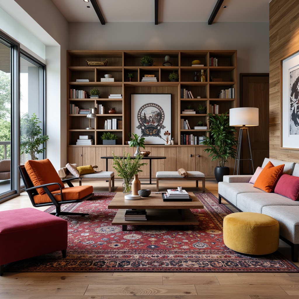 Prompt: Modern living room, comfortable sofas, sleek coffee tables, minimalist bookshelves, industrial metal chairs, vibrant colorful throw pillows, geometric patterned rugs, soft warm lighting, natural wood accents, functional storage ottomans, luxurious velvet fabrics, metallic leg details, 3/4 composition, realistic textures, ambient occlusion.